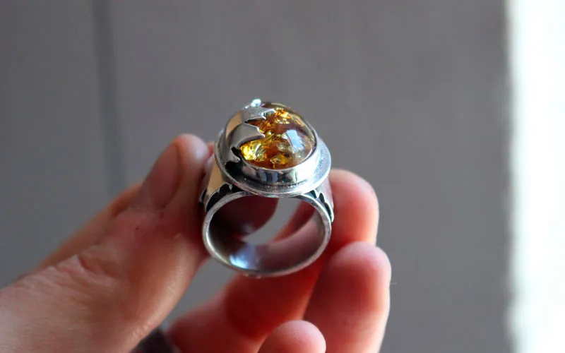 Amber leaf, maple leaf ring in silver and amber
