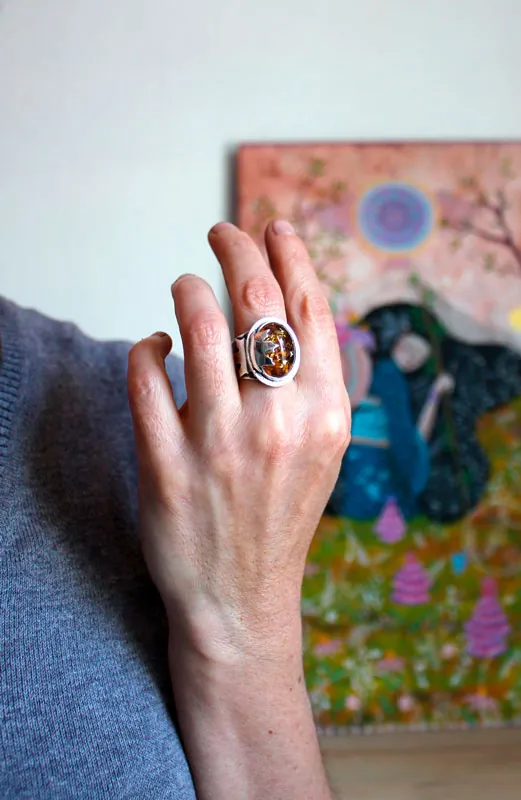 Amber leaf, maple leaf ring in silver and amber