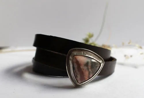 Answald, medieval reign bracelet in silver, brass, leather, and rhodonite