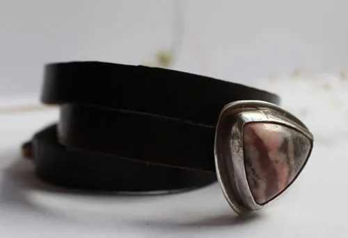 Answald, medieval reign bracelet in silver, brass, leather, and rhodonite