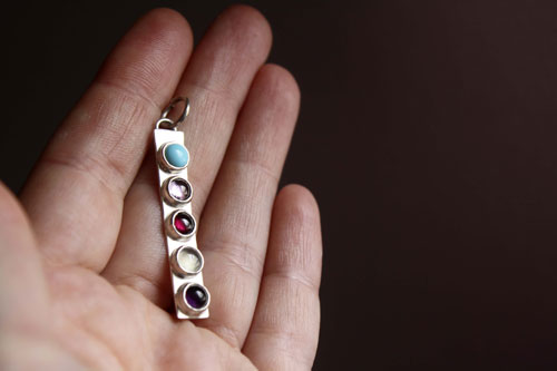 Anuha, family birthstone pendant in silver, turquoise, alexandrite, amethyst, garnet and aquamarine
