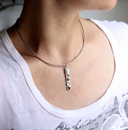 Anuha, family birthstone pendant in silver, turquoise, alexandrite, amethyst, garnet and aquamarine