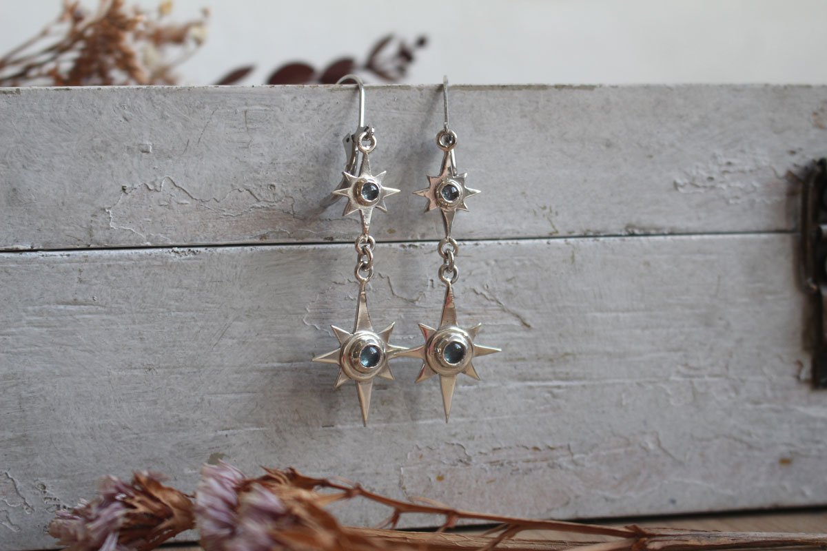 Arktos, blue star earrings in silver and zircon