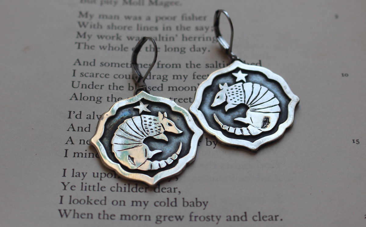 Armadillo, armored animal earrings in sterling silver