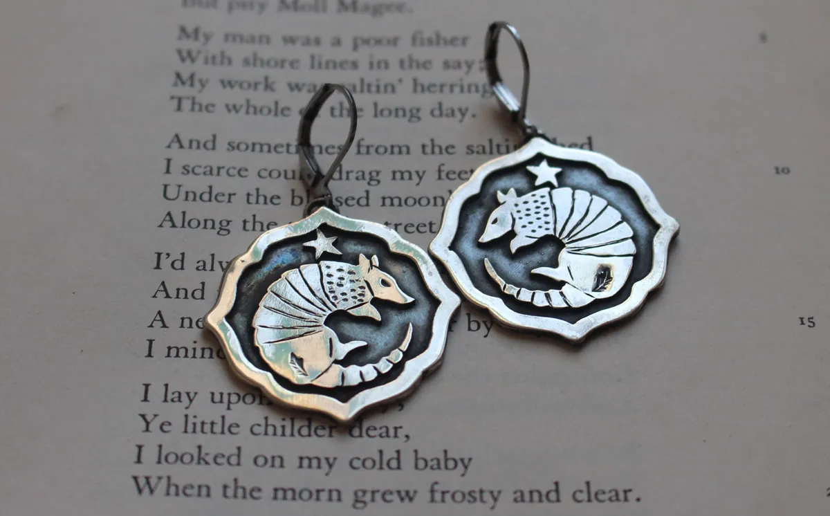 Armadillo, armored animal earrings in sterling silver