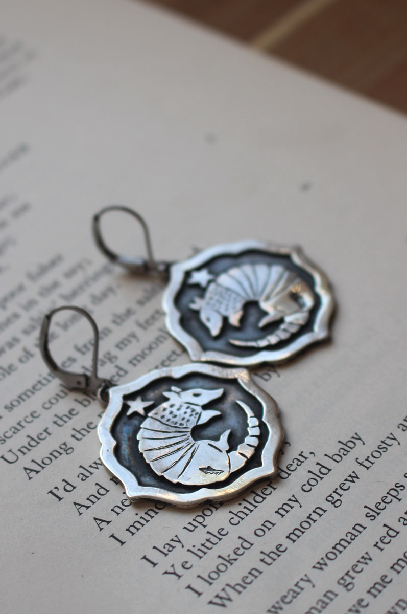 Armadillo, armored animal earrings in sterling silver