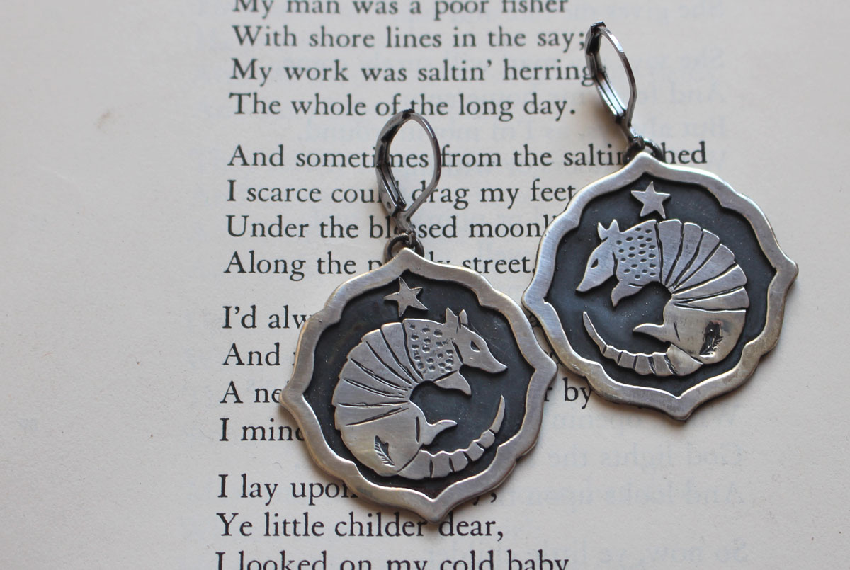 Armadillo, armored animal earrings in sterling silver