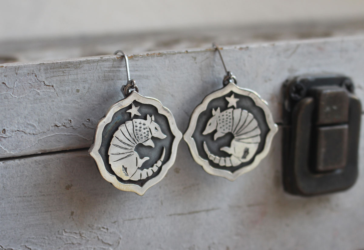 Armadillo, armored animal earrings in sterling silver