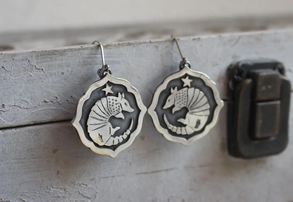 Armadillo, armored animal earrings in sterling silver
