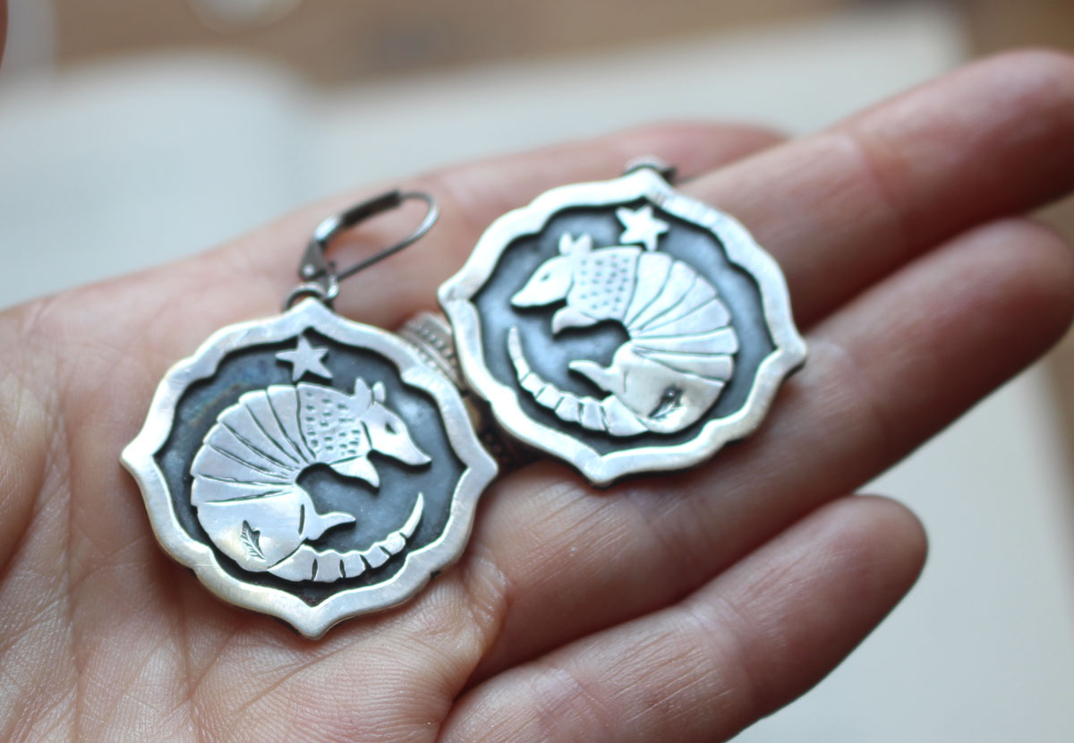 Armadillo, armored animal earrings in sterling silver
