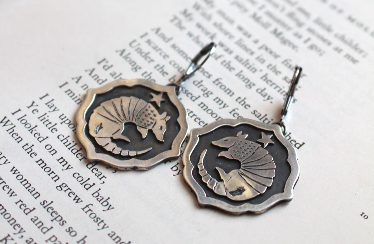 Armadillo, armored animal earrings in sterling silver