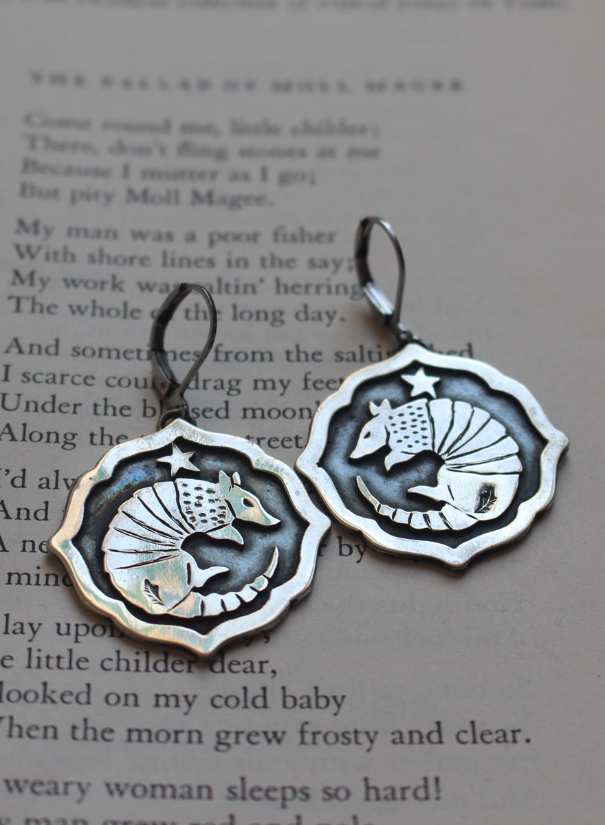 Armadillo, armored animal earrings in sterling silver