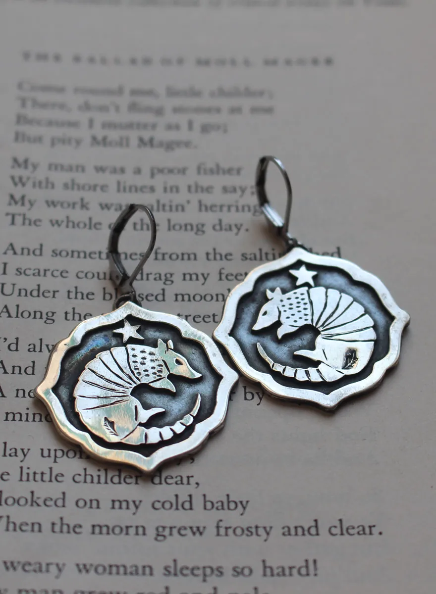 Armadillo, armored animal earrings in sterling silver