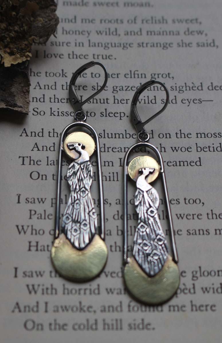 Art deco peacock, sun and moon bird earrings in silver and brass