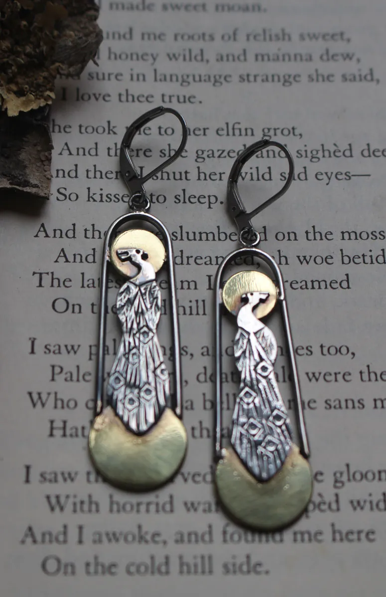 Art deco peacock, sun and moon bird earrings in silver and brass