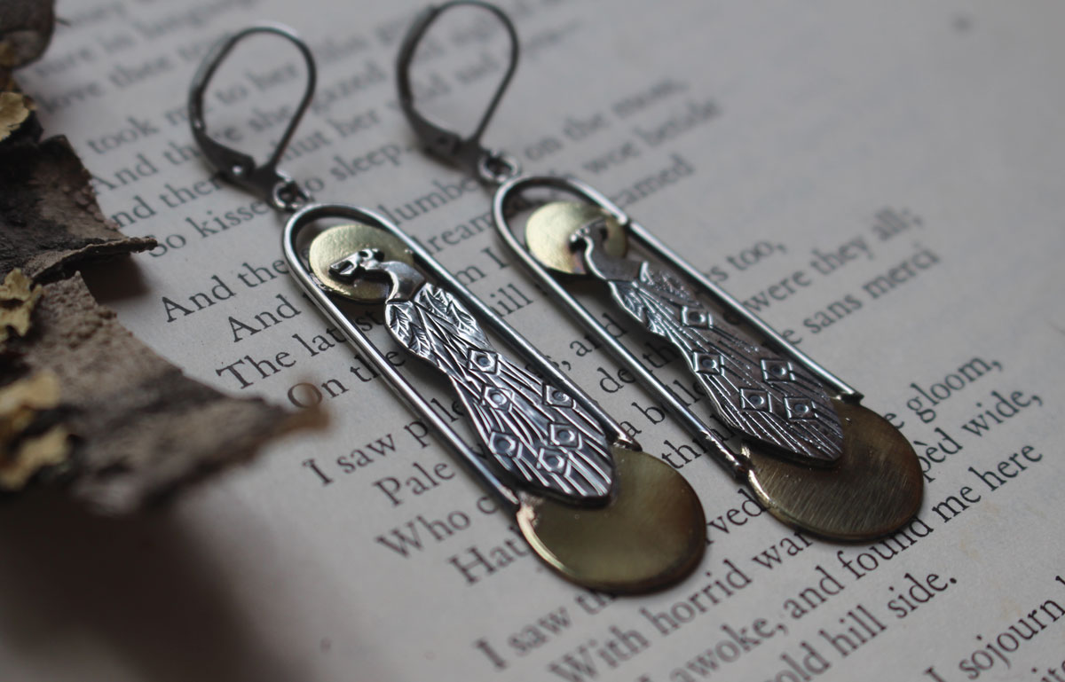 Art deco peacock, sun and moon bird earrings in silver and brass