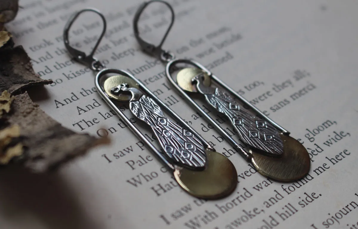 Art deco peacock, sun and moon bird earrings in silver and brass