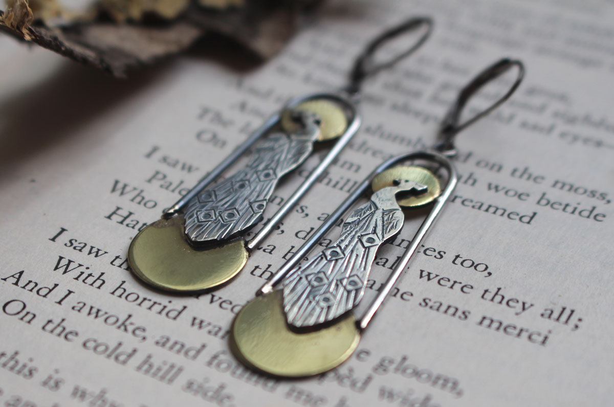 Art deco peacock, sun and moon bird earrings in silver and brass