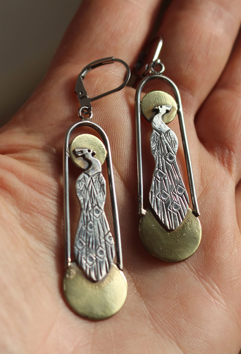 Art deco peacock, sun and moon bird earrings in silver and brass