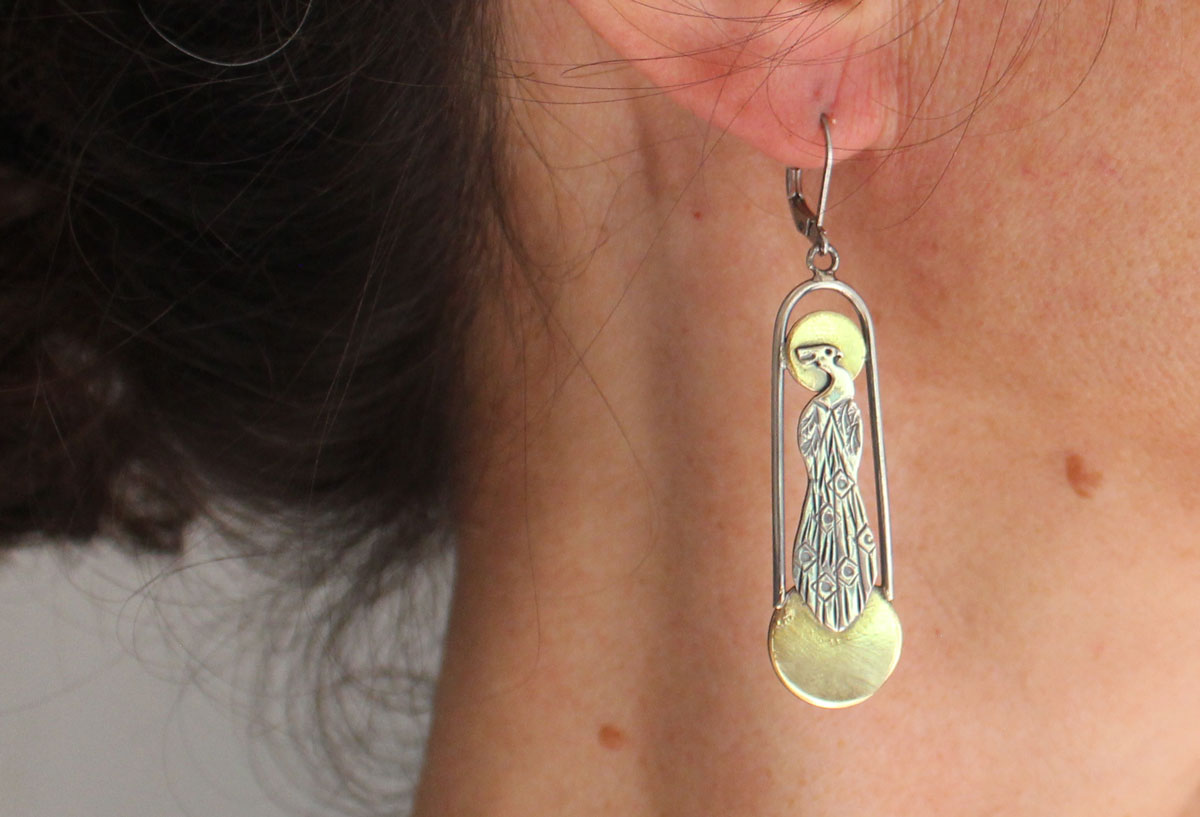 Art deco peacock, sun and moon bird earrings in silver and brass