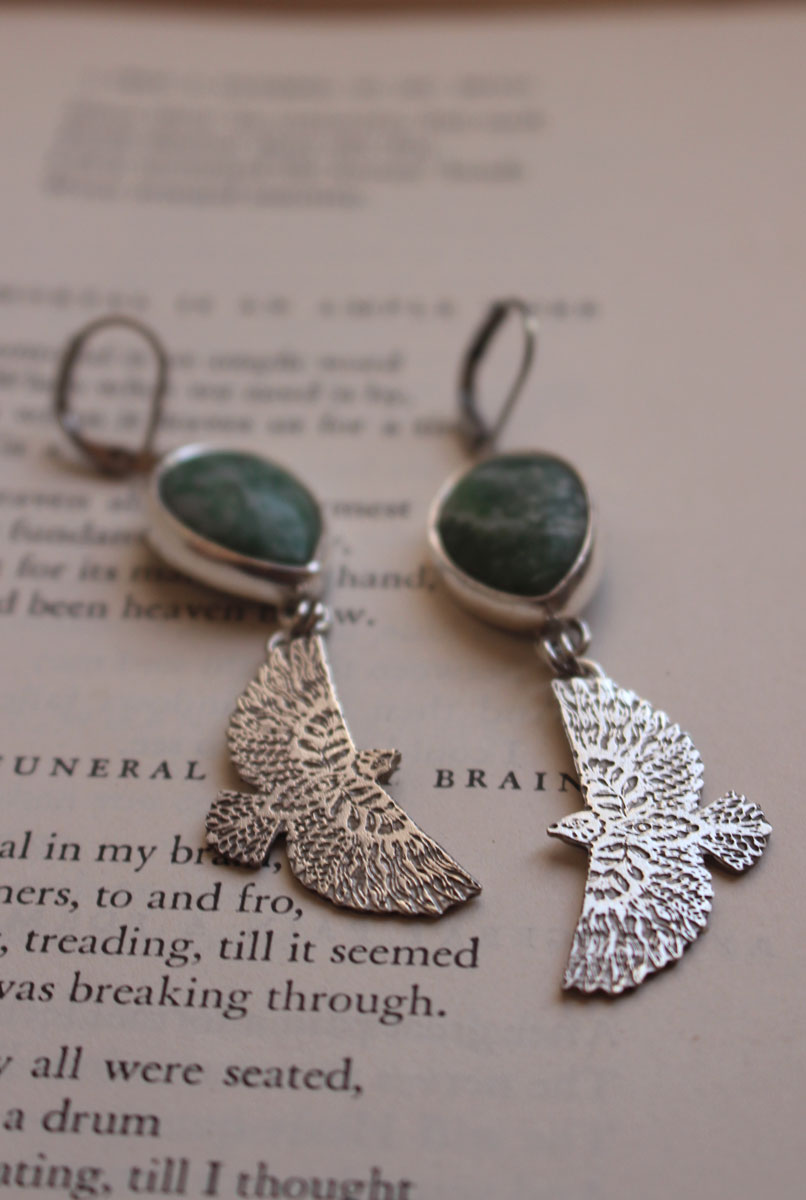 As far as the wind will carry you, eagle earrings in silver and jasper
