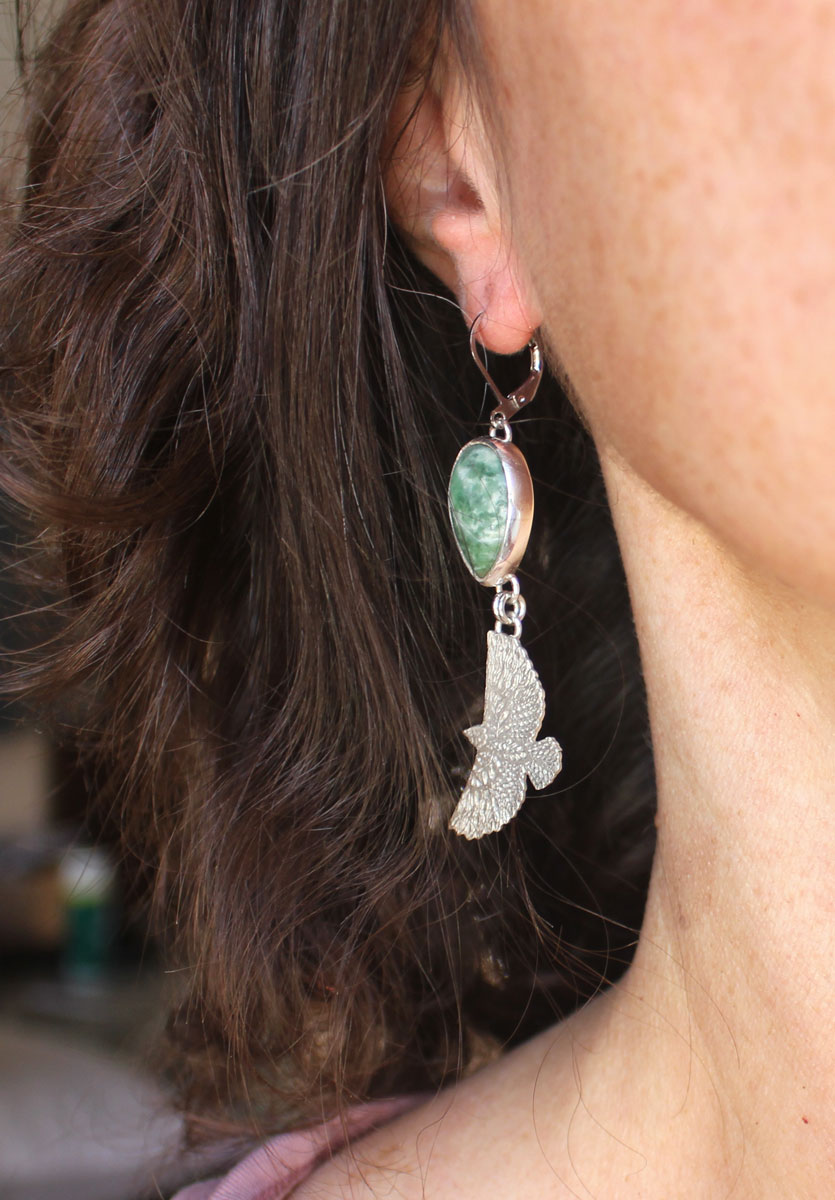 As far as the wind will carry you, eagle earrings in silver and jasper