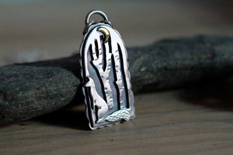 At the heart of the night, weasel in the forest necklace in silver and brass