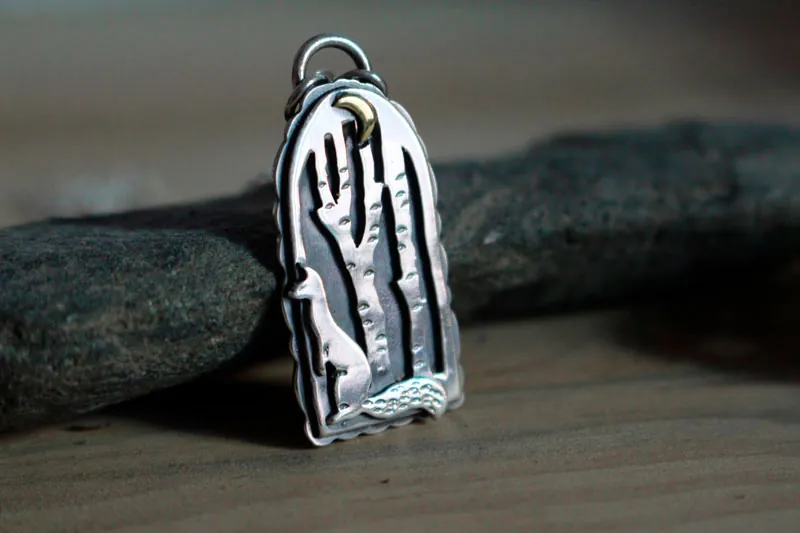 At the heart of the night, weasel in the forest necklace in silver and brass