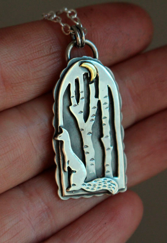At the heart of the night, weasel in the forest necklace in silver and brass