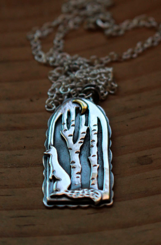At the heart of the night, weasel in the forest necklace in silver and brass