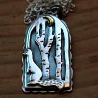 At the heart of the night, weasel in the forest necklace in silver and brass