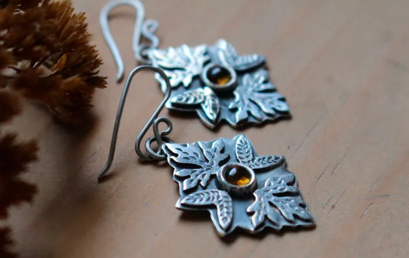 Autumn, leaf earrings in sterling silver and citrine