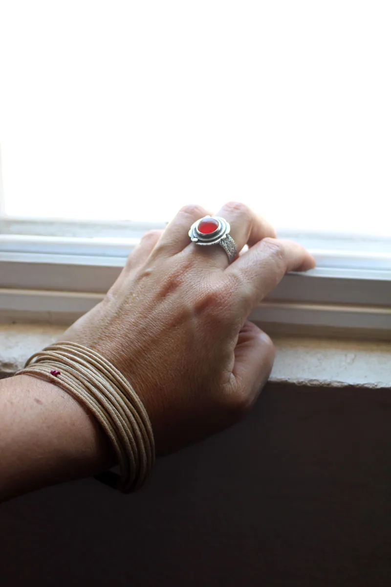 Autumn eglantine, flower and fruit ring in silver and carnelian