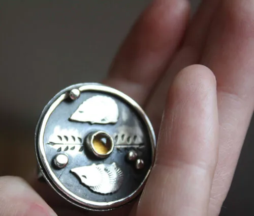 Autumn hedgehog, animal totem ring in silver and citrine