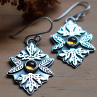 Autumn, leaf earrings in sterling silver and citrine