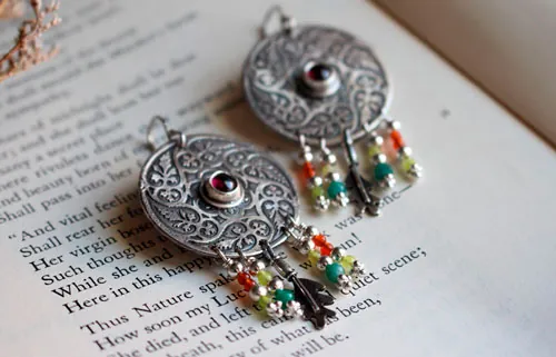 Autumn leaf whirl, mandala earrings in silver, green agate, yellow agate, garnet and carnelian