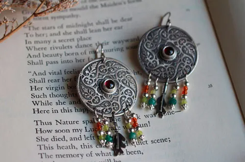 Autumn leaf whirl, mandala earrings in silver, green agate, yellow agate, garnet and carnelian