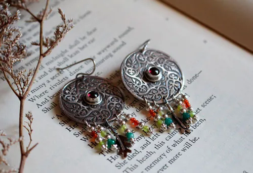Autumn leaf whirl, mandala earrings in silver, green agate, yellow agate, garnet and carnelian
