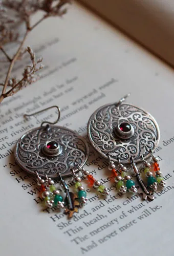 Autumn leaf whirl, mandala earrings in silver, green agate, yellow agate, garnet and carnelian