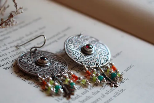 Autumn leaf whirl, mandala earrings in silver, green agate, yellow agate, garnet and carnelian
