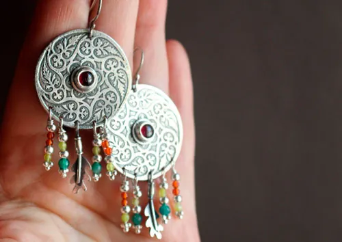 Autumn leaf whirl, mandala earrings in silver, green agate, yellow agate, garnet and carnelian