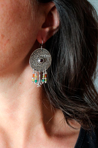 Autumn leaf whirl, mandala earrings in silver, green agate, yellow agate, garnet and carnelian