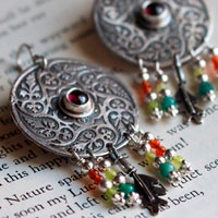 Autumn leaf whirl, mandala earrings in silver, green agate, yellow agate, garnet and carnelian