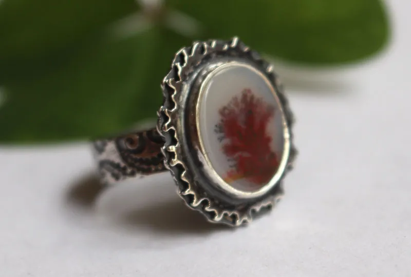 Autumn reflections, seasonal landscape ring in silver and dendritic agate