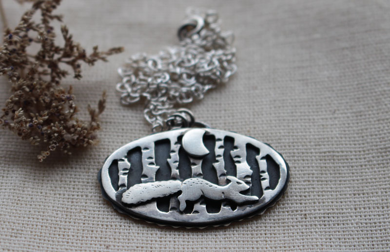 A walk under the moon, squirrel in the forest necklace in sterling silver