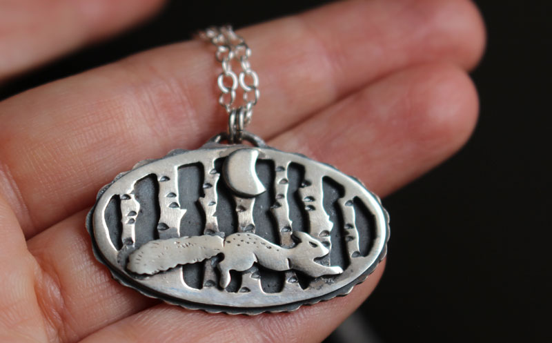 A walk under the moon, squirrel in the forest necklace in sterling silver