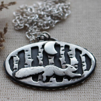 A walk under the moon, squirrel in the forest necklace in sterling silver