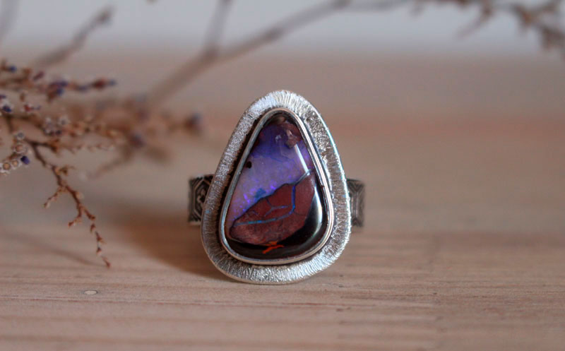 A world in balance, volcano ring in sterling silver and boulder opal