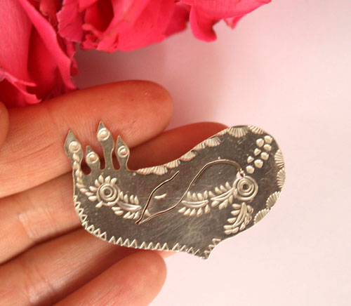 Alicanto, fantastic bird brooch in sterling silver