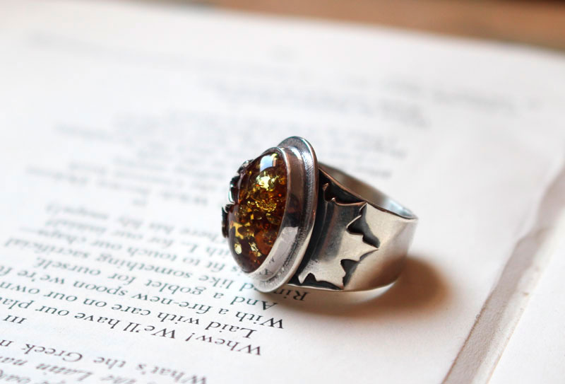 Amber leaf, maple leaf ring in silver and amber